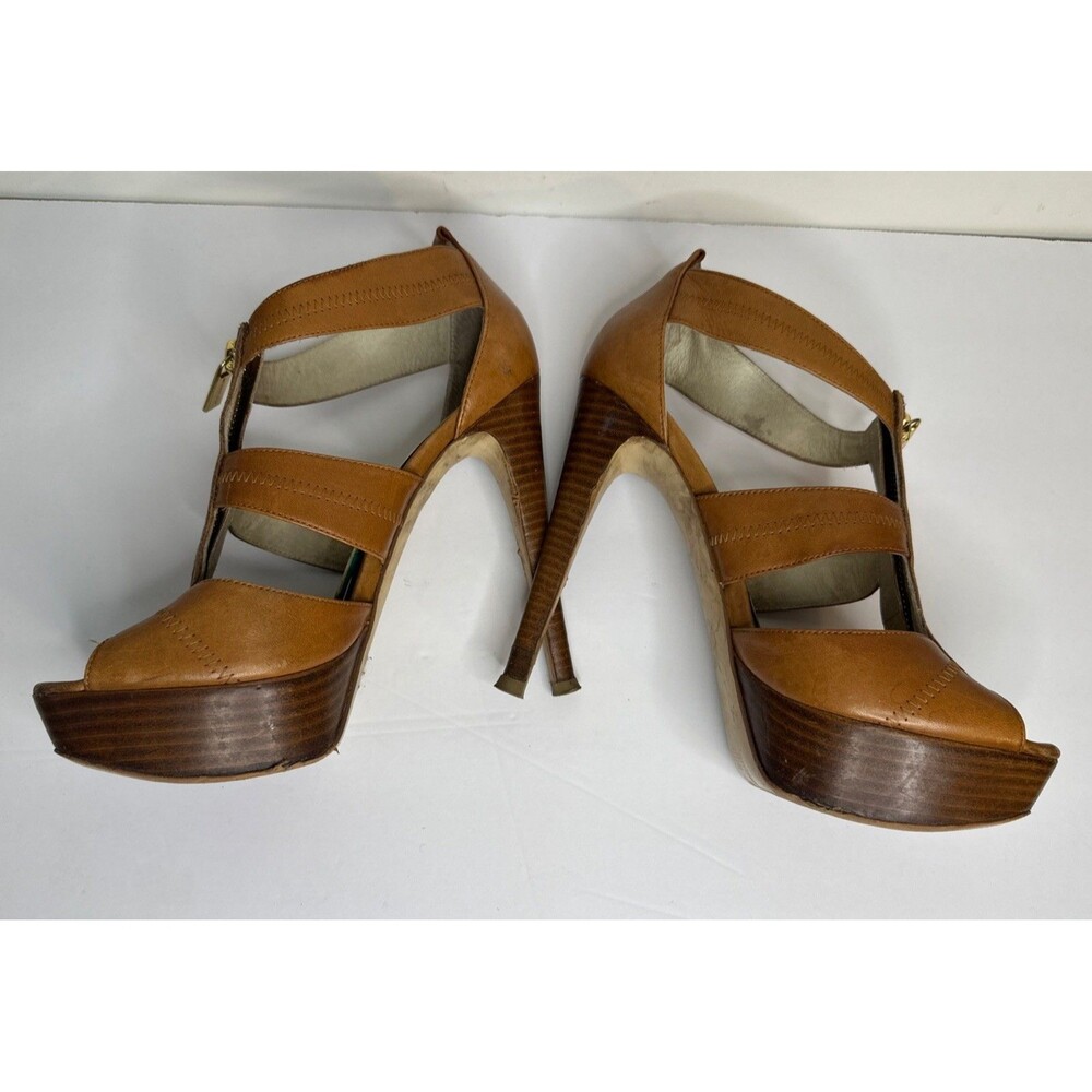 Michael Kors Women Tan Leather Zipper Heels Sandals Size 8M AS IS - Picture 3 of 10